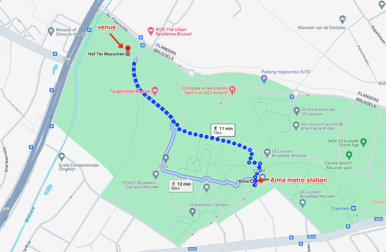 Map to get from the Alma metro station to the Hof ter Musschen